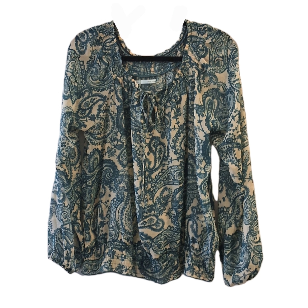 Maurices Paisley Blouse Womens Large Green Tan Tassels Long Sleeve Bohemian Chic